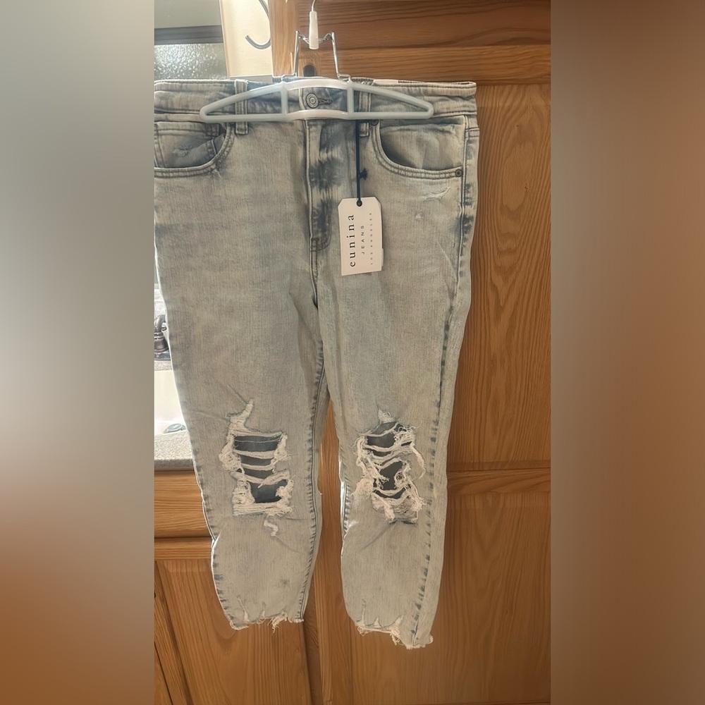 Distressed mom jeans.